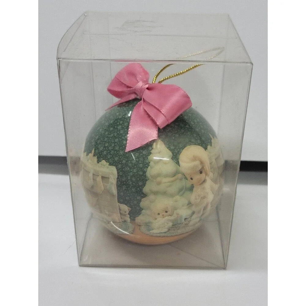 Lot of 4 Precious Moments Holiday Ornaments 1994 Enesco Round Balls Bows